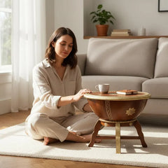 Indian Hand Carved Solid Wood Brass Inlay Drum Coffee Table C158