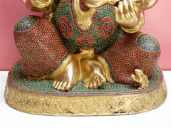 Indian Lord Ganesha Handmade Brass Statue With Inlay Work