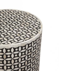 Maaya Bone Inlay Round drum Side Table Black Geometric