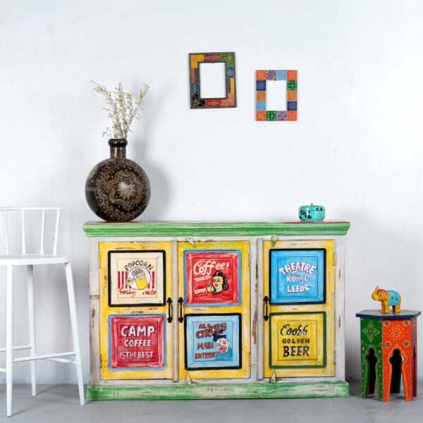 Retro Hand Painted Wooden Sideboard In Multicolor