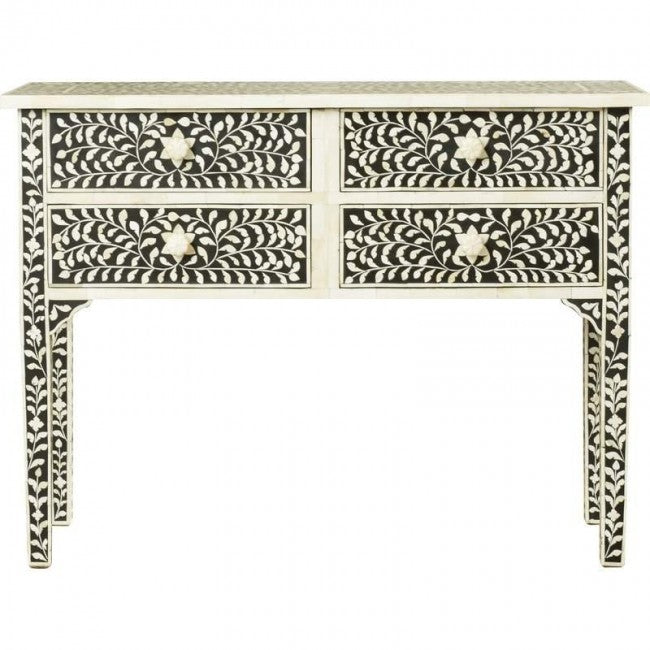 Maaya Bone Inlay Console Hall Table Black and White Floral