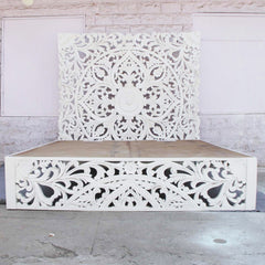 Dynasty Hand Carved Indian Solid Wooden Amani Bed Frame White