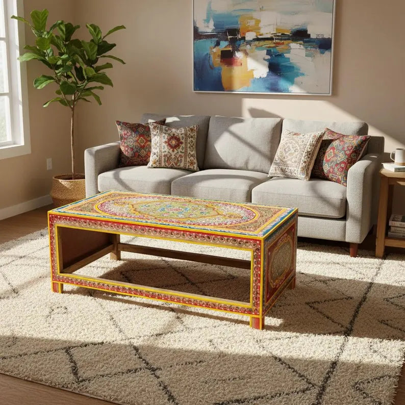 Indian Rajasthani Hand Painted Solid Wood Coffee Table C159