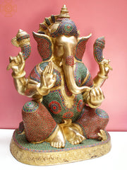 Indian Lord Ganesha Handmade Brass Statue With Inlay Work
