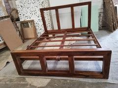 Hand Carved Indian Solid Wood Cube Sheesham Bed King Brown