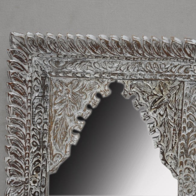 Mehrab Indian Hand Carved Mirror Arched Globe Wooden Wall Decor 93x6x73cm Grey  -  