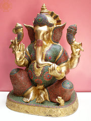 Indian Lord Ganesha Handmade Brass Statue With Inlay Work