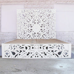 Dynasty Hand Carved Indian Solid Wooden Amani Bed Frame White