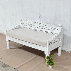 Indian Handmade Carved Solid Hard Wood Daybed Sofa with Mattress In All White 150x60x85Cm