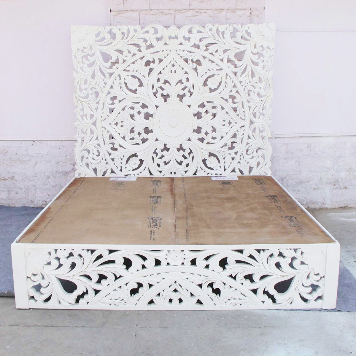 Dynasty Hand Carved Indian Solid Wooden Amani Bed Frame White