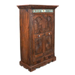 Antique Indian Hand Carved Solid Wood Almirah Cabinet Wardrobe 02