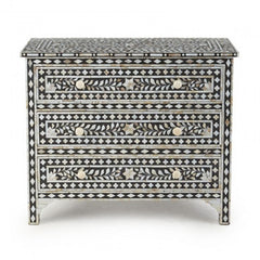 Maaya Bone inlay Black Floral Chest of 3 Drawers Dresser