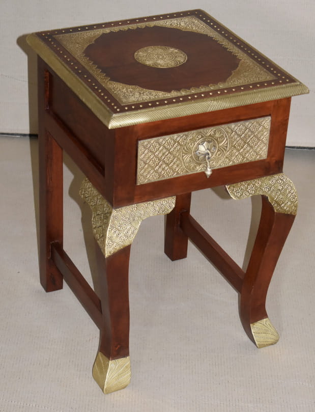 Antique Brass Work Solid Wood Brass Bedside Table