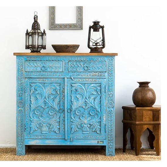 Indian Floral Carved Solid Wood Cabinet In Blue Colour