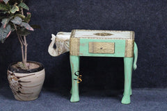 Vintage Hand Carved Elephant Solid Wood & Brass Work Side Table 47