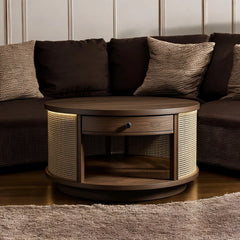 Rattan Elegance Series Solid Wood Round Shape With Rattan Cane Work Coffee Table C107