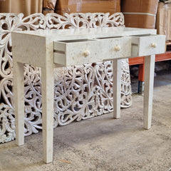 Bone Inlay Indian Beautiful Hand Carved Art Solid Wooden Console Hall Table White 100x39.5x80Cm