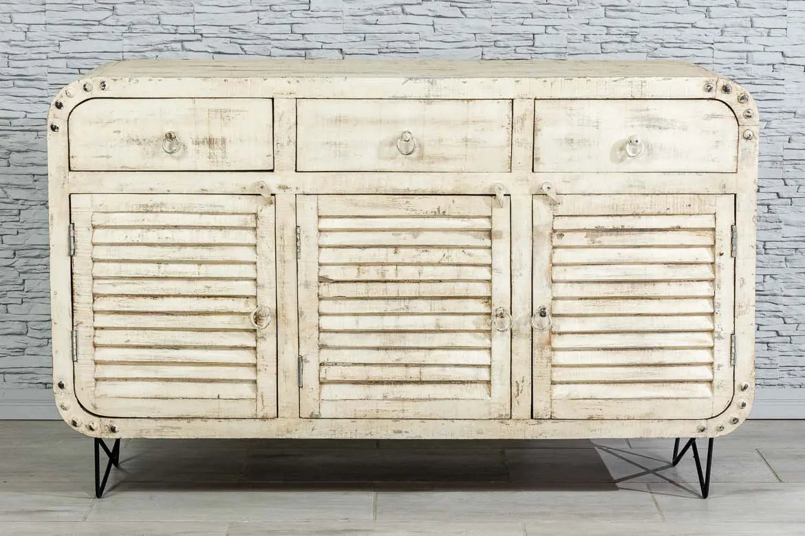 Miller Handmade Solid Mango Wood Carved Sideboard On Metal Stand in White wash