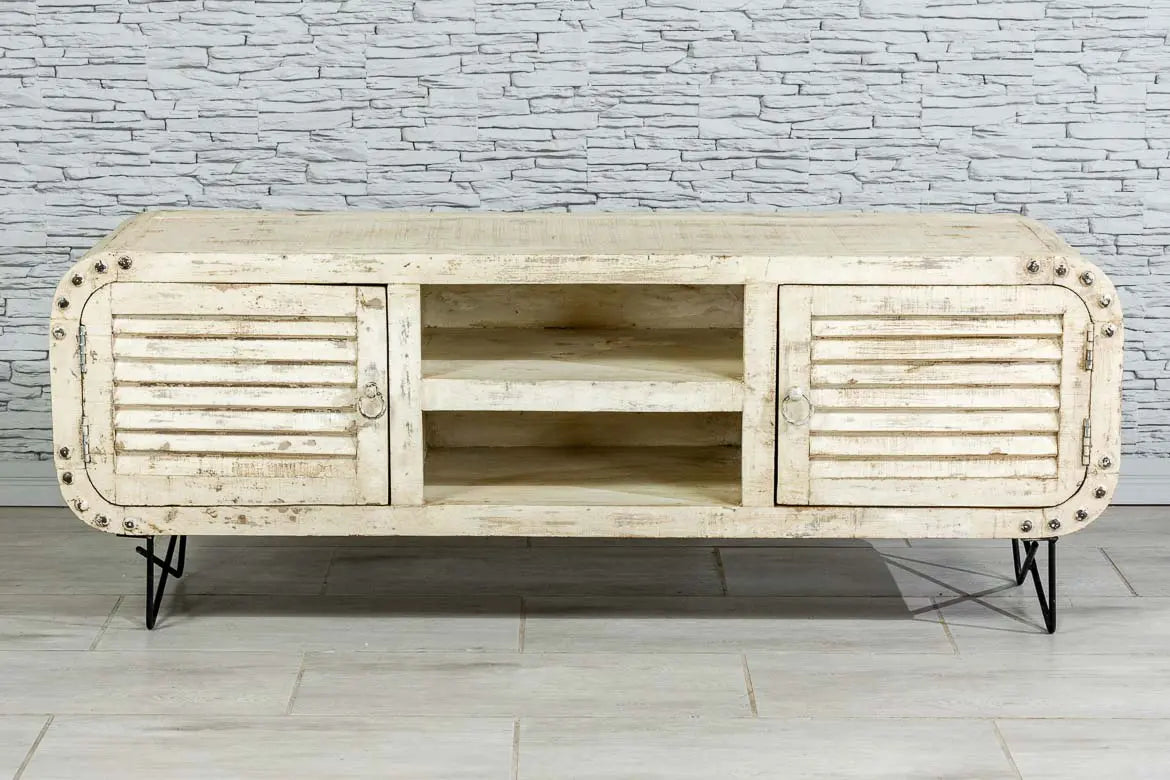 Miller Handmade Solid Mango Wood Carved TV Unit in White wash