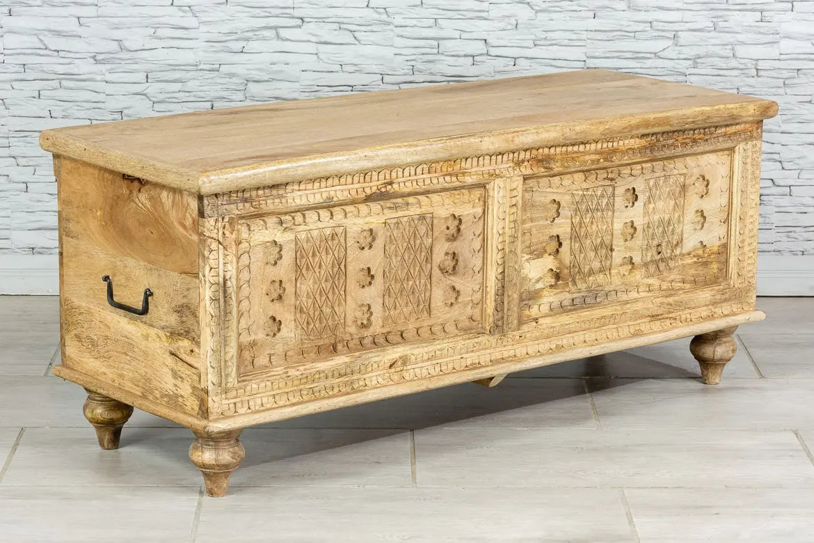 Carved Oasis Hand Carved Mango Wood Storage Blanket Box Coffee Table in Natural