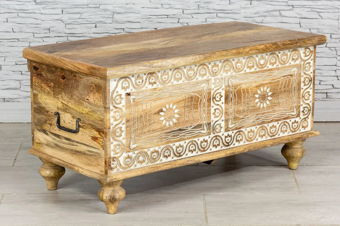 Carved Oasis Hand Carved Mango Wood Blanket Storage Box Natural