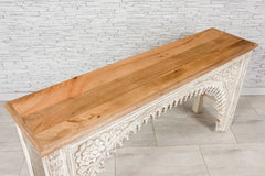 Urban Loft Handmade Solid Mango Wood Carved Console Hall Table With Natural Top