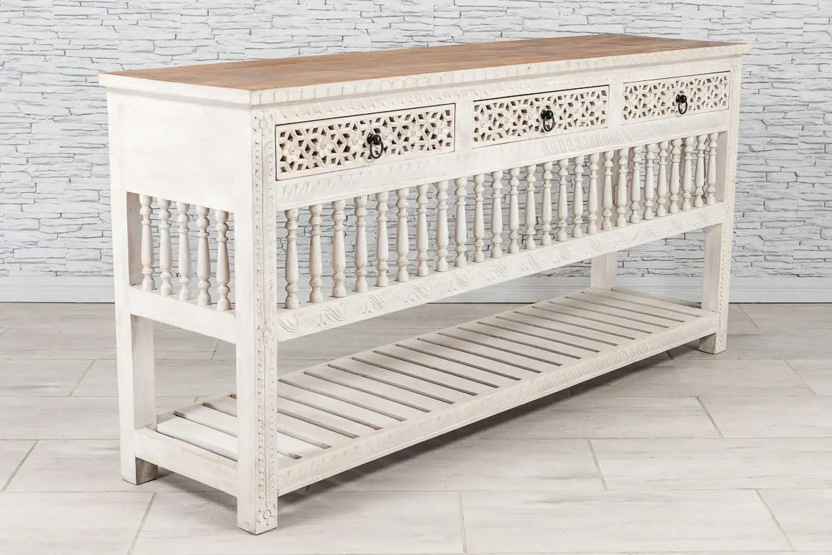 Urban Loft Handmade Solid Mango Wood Carved Console Hall Table With Top White