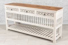 Urban Loft Handmade Solid Mango Wood Carved Console Hall Table With Top White