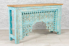 Urban Loft Handmade Solid Mango Wood Carved Console Hall Table With Top Rustic Blue