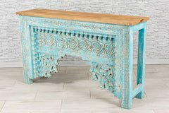 Urban Loft Handmade Solid Mango Wood Carved Console Hall Table With Top Rustic Blue