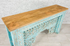 Urban Loft Handmade Solid Mango Wood Carved Console Hall Table With Top Rustic Blue