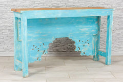 Urban Loft Handmade Solid Mango Wood Carved Console Hall Table With Top Rustic Blue