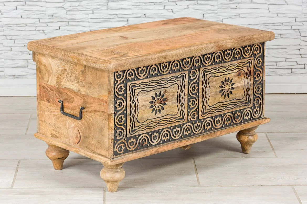 Urban Loft Handmade Solid Mango Wood Carved Blanket Box Natural Timber