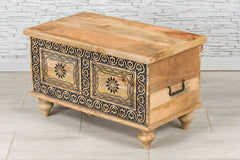 Urban Loft Handmade Solid Mango Wood Carved Blanket Box Natural Timber