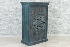 Urban Loft Handmade Solid Mango Wood Carved Cupboard Cabinet in Antique Blue