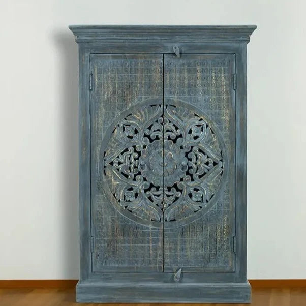 Urban Loft Handmade Solid Mango Wood Carved Cupboard Cabinet in Antique Blue