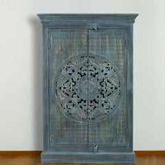 Urban Loft Handmade Solid Mango Wood Carved Cupboard Cabinet in Antique Blue