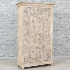 Urban Loft Handmade Solid Mango Wood Carved 2 Doors Cupboard Cabinet Whitewash