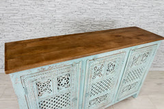 Urban Loft Handmade Solid Mango Wood Jali Carving Sideboard in Blue Wash