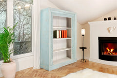 Urban Loft Handmade Solid Mango Wood Carved Bookshelf Rustic Blue