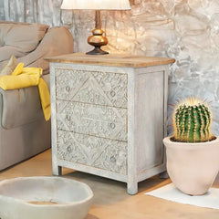 Urban Loft Handmade Solid Mango Wood Carved Chest of Drawers in Greywash