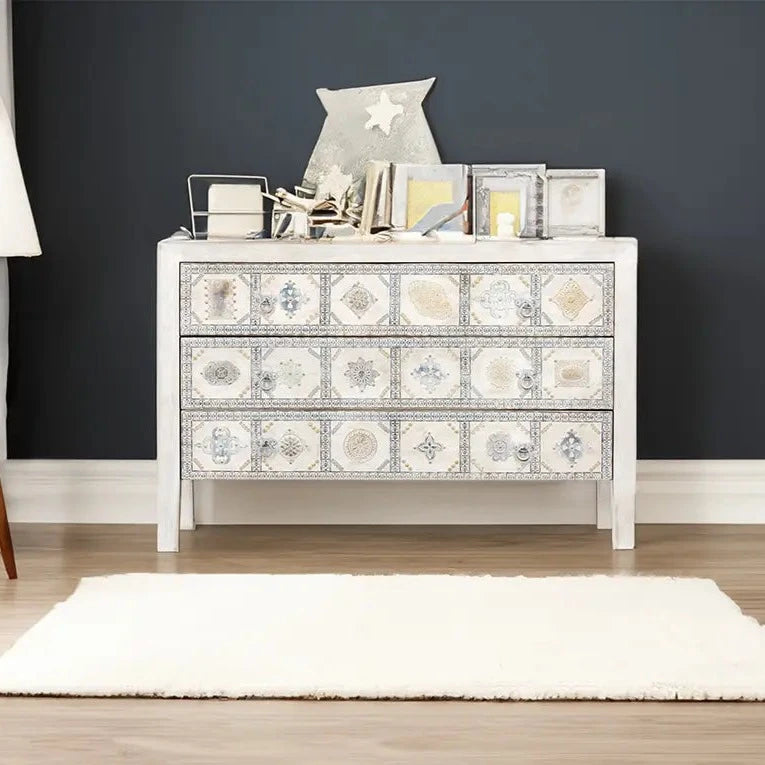 Urban Loft Handmade Solid Mango Wood Carved Chest of Drawers in All White