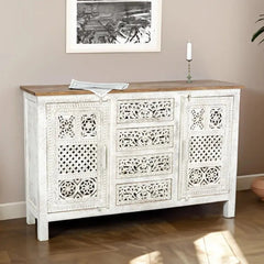 Urban Loft Handmade Solid Mango Wood Carved Sideboard in All White