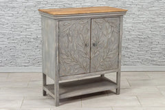 Urban Loft Handmade Solid Mango Wood Floral Carved 2 Door Cabinet With Shelf