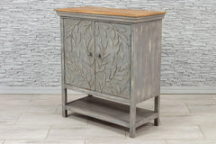 Urban Loft Handmade Solid Mango Wood Floral Carved 2 Door Cabinet With Shelf