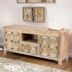 Urban Loft Handmade Solid Mango Wood Carved TV Unit in Whitewash