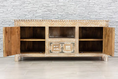 Urban Loft Handmade Solid Mango Wood Carved TV Unit in Whitewash