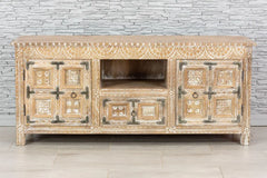 Urban Loft Handmade Solid Mango Wood Carved TV Unit in Whitewash