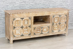 Urban Loft Handmade Solid Mango Wood Carved TV Unit in Whitewash