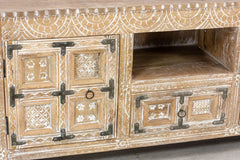 Urban Loft Handmade Solid Mango Wood Carved TV Unit in Whitewash